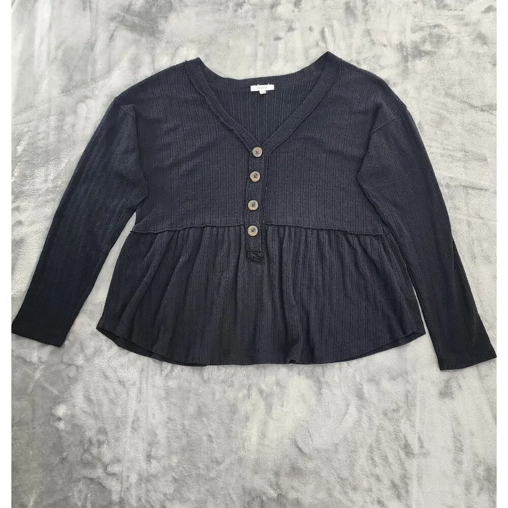 Maurices Button Front Waffle Knit Babydoll Top Size L Black Long Sleeves Casual